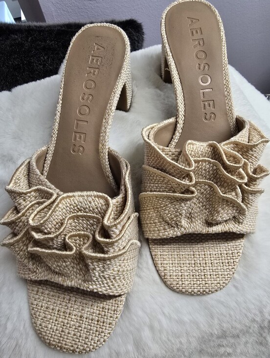 AEROSOLES Shoes - AEROSOLES "Gabrielle" Heeled Neutral Beige Ruffle Slides